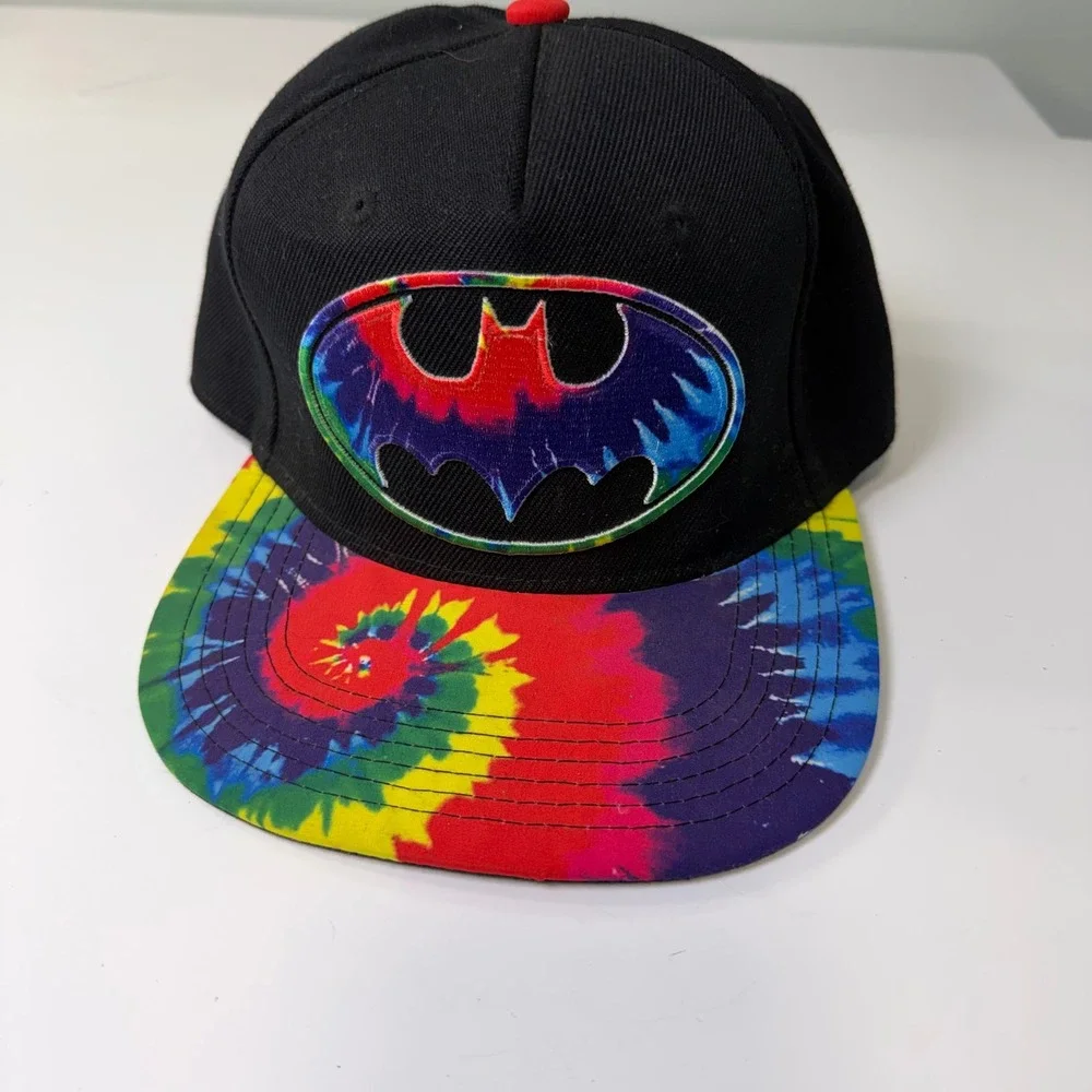 DC Comics Batman Snapback Hat Black Tie Dye Flat Brim Adjustable Cap Retro‎ Logo